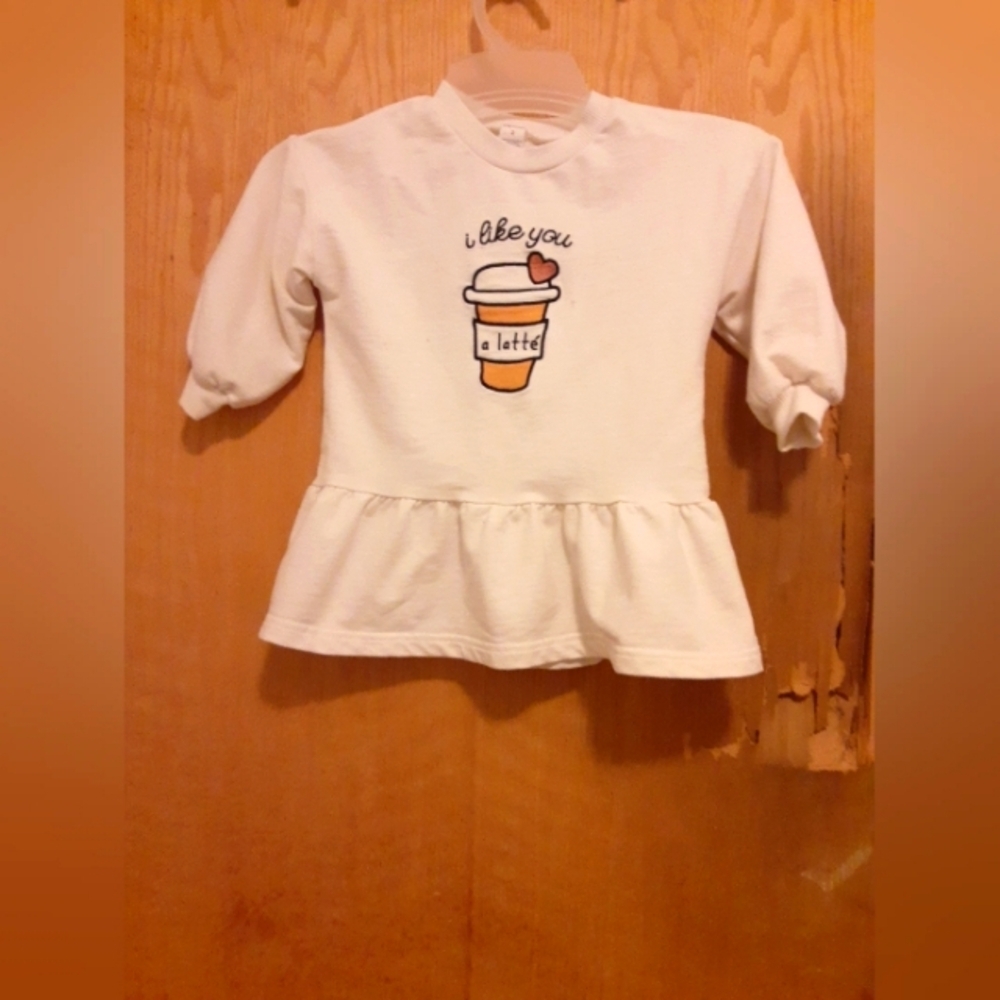 P L Kids Girls I Like You A Latte Long Sleeve Top Size 2 White